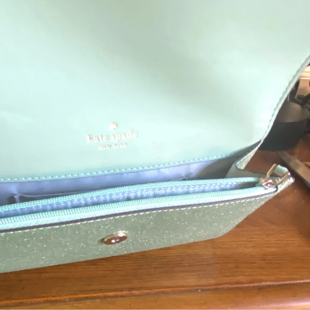 Kate Spade mint Glitter Kenzie medium flap Clutch with wristlet strap NEW IN BOX